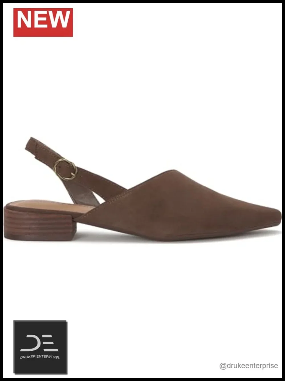 Suede Slingback Flats with Block Heel Adjustable Buckle